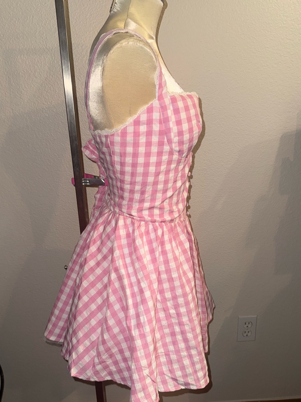 NWOT Unique Vintage Pink Gingham Lace Trim Mini Dress Size XL - Picture 7 of 16